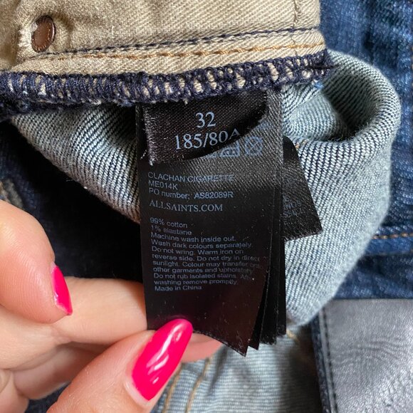 All Saints mens jeans "Clachan Cigarette" sz 32 blue wash button fly - Picture 6 of 6